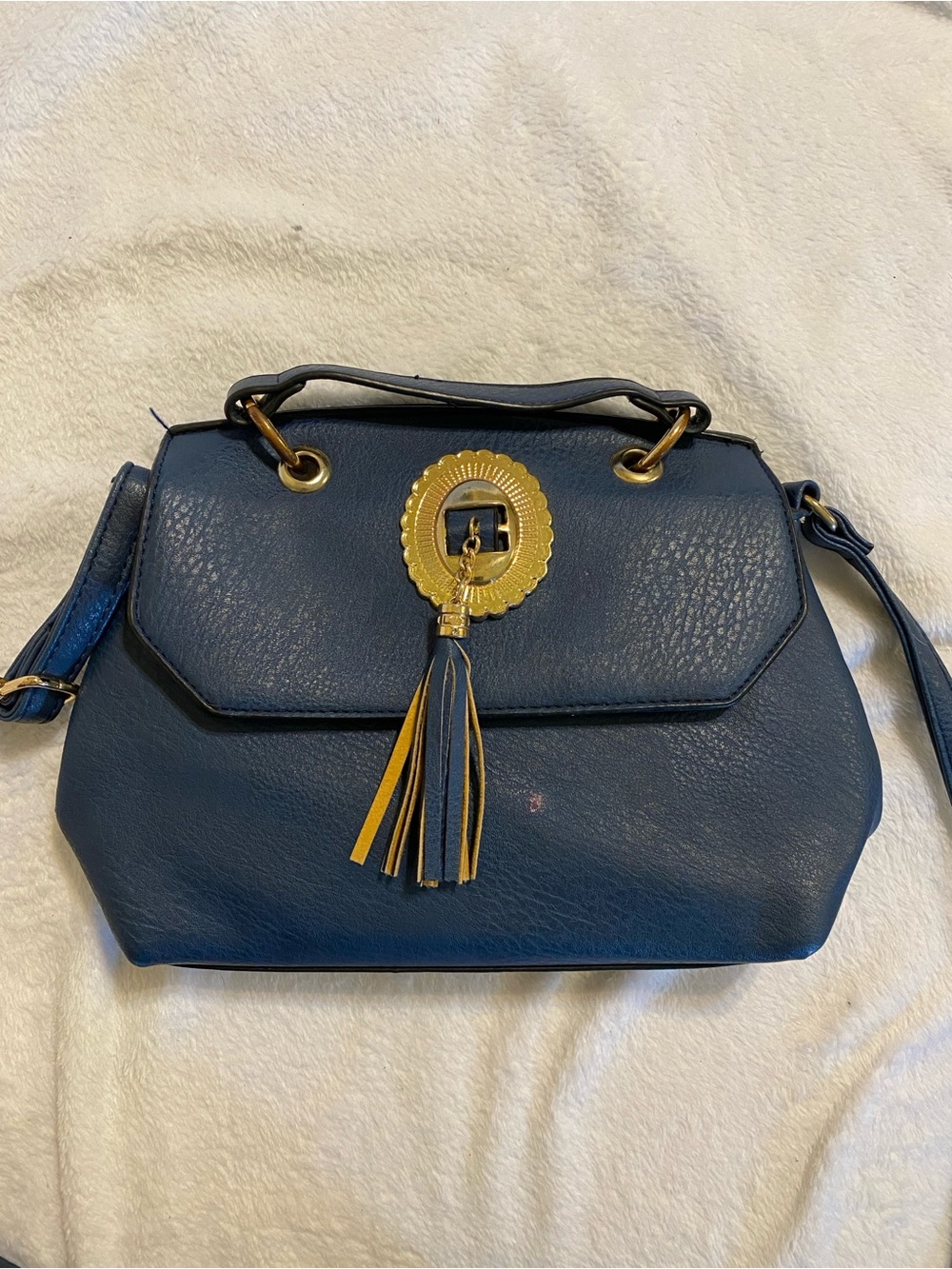 Navy Pleather Top-Handle Crossbody Bag with Gold Tassel
